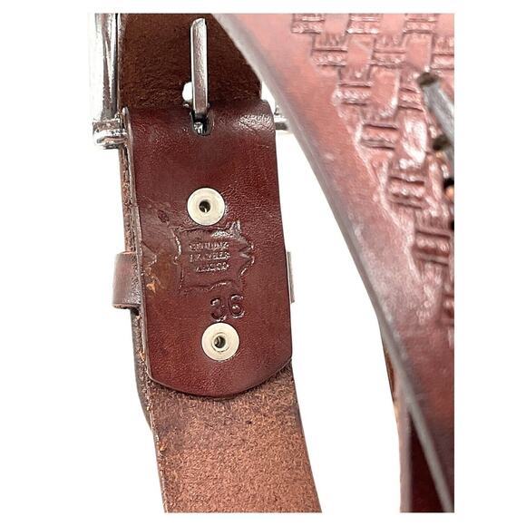 Brown Leather Mens 36 Western Belt Dark Brown Stitching Southwest Rodeo Cowboy - Picture 5 of 5